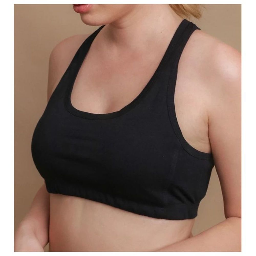 Cottonique Latex Free Organic Cotton Racerback Croptop Bra -  Black  W12299